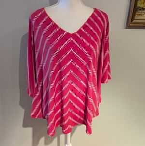 Susan Graver Women's Medium Stripe Liquid Knit V-Neck Poncho Top Pink White